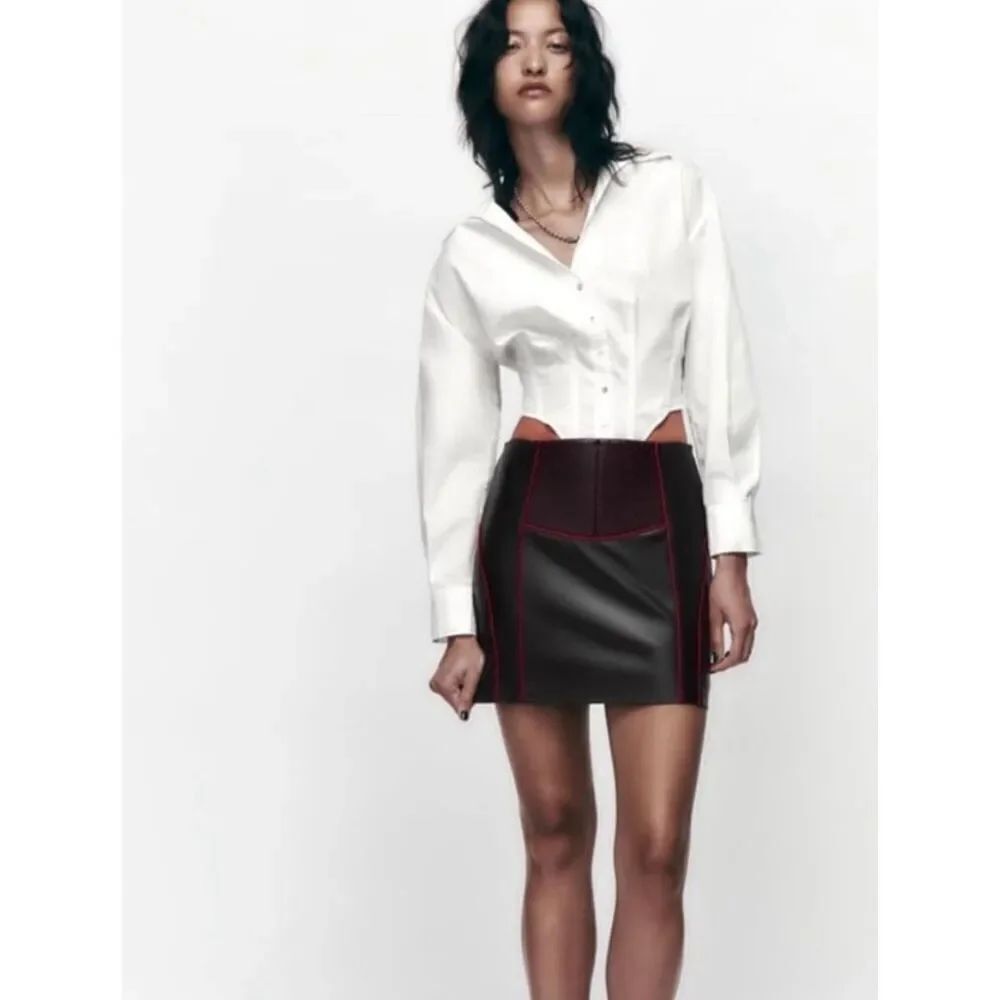 Zara Faux Leather Black and Pink Piping Mini Skirt Size Small